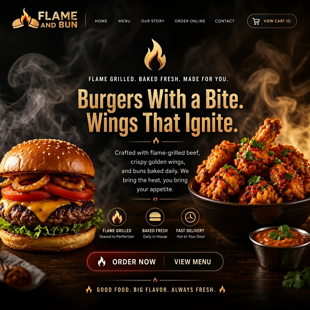 Flame and Bun burger restaurant website homepage