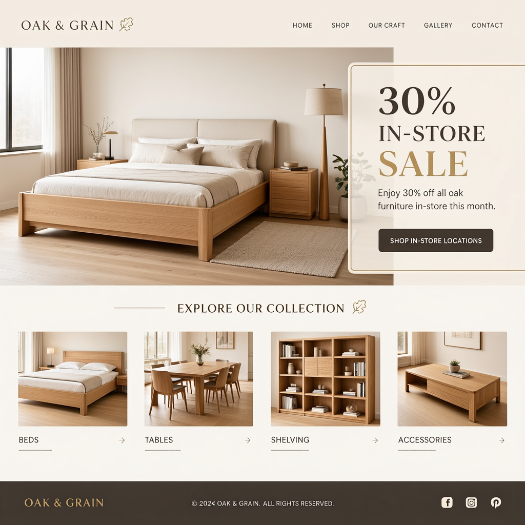 Oak and Grain furniture store website homepage